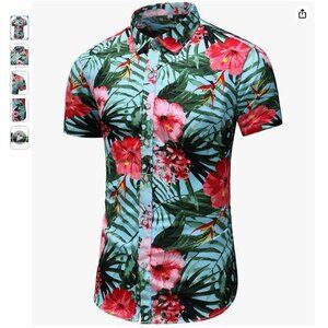 Men's Slim Fit Floral Printed Beach Hawaiian Button-Down Dress Shirt - Large